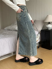 Y2k Street Retro Split Washed High Waist A line Denim Skirt