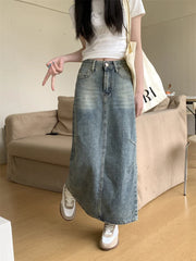 Y2k Street Retro Split Washed High Waist A line Denim Skirt