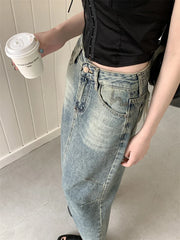 Y2k Street Retro Split Washed High Waist A line Denim Skirt