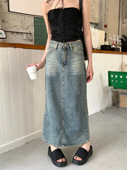 Y2k Street Retro Split Washed High Waist A line Denim Skirt