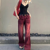 Streetwear Distressed Wide Leg Denim Trousers in Mopping Red