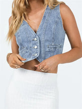 Denim Sleeveless V neck Summer for Front Buttons Up Irregular Hem Mini Vest Party Clubwear Crop Top