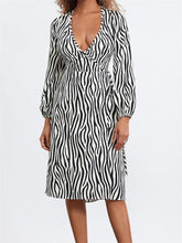 Long Sleeve V Neck Zebra Striped Print Tie Up Casual Midi Dress