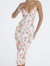 Sleeveless Strap Sling V Neck Floral Print Slim Cocktail Party Midi Dress