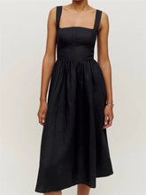 Elegant Square Neck Button Up Sling High Waist A Line Summer Midi Dress