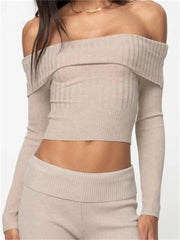 Knitted Ribbed Long Sleeve Crop Slash Neck Off Shoulder Slim Fit Solid T shirts