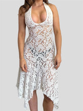 See Through Party Halter Backless Off Shoulder Irregular Hem Midi Dress