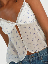 Lace Mesh See Through Patchwork Y2K Retro Sleeveless Strap V neck Floral Print Front Split Vest Crop Top