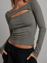 Long Sleeve Front Hollow Out Casual Crop Spring Autumn Solid Color Slim Fit T shirts