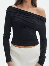 Long Sleeve Off Shoulder Ruched Slim Fit Spring Autumn Solid Female Streetwear T shirts