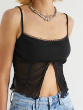 Mesh See Through Sleeveless Strap Top Y2K Party Clubwear Retro Square Neck Split Mini Vest Crop Top