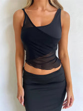 Mesh Sheer See Through Patchwork Exposed Navel Summer Streetwear Irregular Hem Black Mini Vests Crop Top