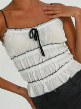 Retro Ruffles for Sleeveless Spaghetti Strap Backless Fairy Ruched Patchwork Lace up Vest Crop Top