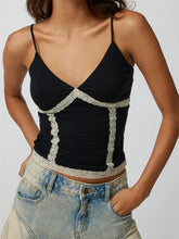 Retro V Neck Sleeveless Spaghetti Strap Lace Patchwork Summer Slim Fit Party Mini Vest Clubwear Crop Top