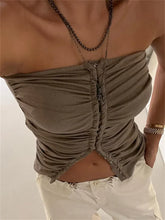 Ruched Strapless Off Shoulder Tube Cropped Summer Clubwear Y2K Front Buttons Up Slim Vests Crop Top