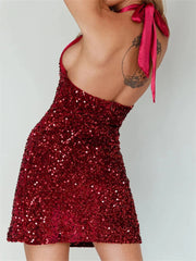 Glitter Halter Party Sequined Tie Up Mini Dresses