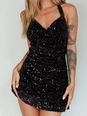Glitter Halter Party Sequined Tie Up Mini Dresses