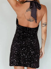 Glitter Halter Party Sequined Tie Up Mini Dresses