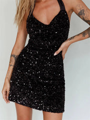 Glitter Halter Party Sequined Tie Up Mini Dresses