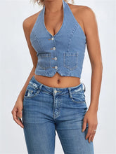 Halter Off Shoulder Sleeveless Backless Buttons Up Summer Denim Vest Club Party Streetwear Crop Top