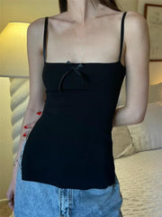 Slim Front Satin Bowknot Patchwork Spaghetti Strap Mini Vest Side Split Streetwear Crop Top