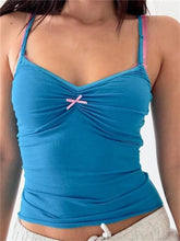 Solid V neck Ruched Bowknot Embellished Sleeveless Backless Summer Mini Clubwear Crop Top