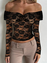 Long Sleeve Off shoulder See through Lace Slim Fit Mesh Push Up T shirts
