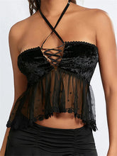 Mesh Patchwork Criss Cross Tie Up Halter Backless Vest Summer Sleeveless Cropped Clubwear Crop Top