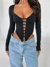 V neck Low Cut Front Hollow Out Long Sleeve Slim Fit Solid Irregular Hem T shirts