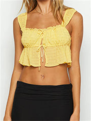 Spaghetti Strap Front Split Lace up Square Neck Ruched Solid Mini Vest Streetwear Crop Top