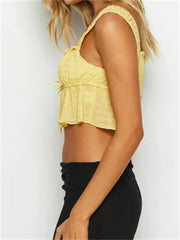 Spaghetti Strap Front Split Lace up Square Neck Ruched Solid Mini Vest Streetwear Crop Top