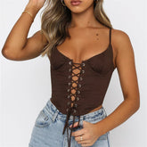 Spaghetti Strap Criss cross Hollow Out Lace up Bustiers Top Solid Color Tube Back Zip Up Vests Crop Top