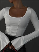 Square Neck Long Flare Sleeve Slim Fit Casual Spring Autumn Streetwear T shirts