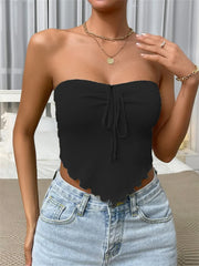 Strapless Off Shoulder Tube Top Summer Party Clubwear Front Tie up Ribbed Irregular Hem Mini Crop Top