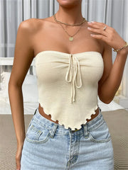 Strapless Off Shoulder Tube Top Summer Party Clubwear Front Tie up Ribbed Irregular Hem Mini Crop Top
