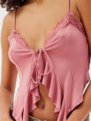 Floral Print Lace Patchwork V neck Front Split Tie up Ruffle Summer Strap Mini Crop Top