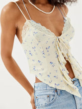 Floral Print Lace Patchwork V neck Front Split Tie up Ruffle Summer Strap Mini Crop Top