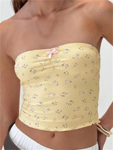 Vintage Floral Print Tube for Strapless Off Shoulder Front Bow Patchwork Ruched Bustiers Slim Corsets Crop Top