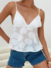 Vintage Sleeveless Strap V neck Lace Floral White Solid Color Summer Party Beach Vest Crop Top