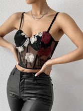 Embroidery Floral Bustiers Spaghetti Strap Mesh Sheer Corsets Party Club Mini Vest Crop Top