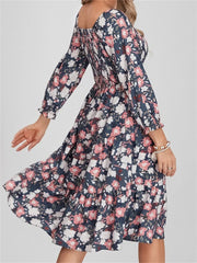 Vintage Bohemian Floral Print Long Sleeve High Waist A Line Midi Dress