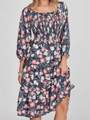 Vintage Bohemian Floral Print Long Sleeve High Waist A Line Midi Dress