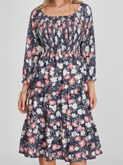 Vintage Bohemian Floral Print Long Sleeve High Waist A Line Midi Dress