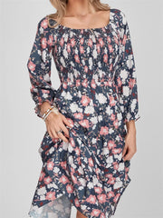 Vintage Bohemian Floral Print Long Sleeve High Waist A Line Midi Dress