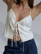 Vintage Front Split Tie up Fashion Sleeveless Strap V Neck Summer Party Low Cut Mini Vest Club Crop Top