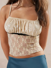 Vintage Lace Mesh See Through Summer Strap Front Bow Patchwork Square Neck Mini Vest Crop Top