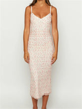 Vintage Floral Print Sleeveless Strap Summer Slim Fit V Neck Midi Dress