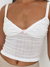 V Neck Bow Patchwork Backless Sleeveless Spaghetti Strap Lace Mini Vest Streetwear Crop Top