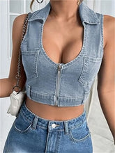 Cropped Sleeveless V neck Turn down Collar Front Zip Up Denim Mini Vest Summer Party Streetwear Crop Top