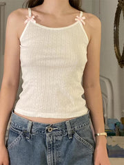 Fashion Sleeveless Strap Camisoles Bowknot Embellished Vests Summer Slim Fit Short Streetwear Crop Top